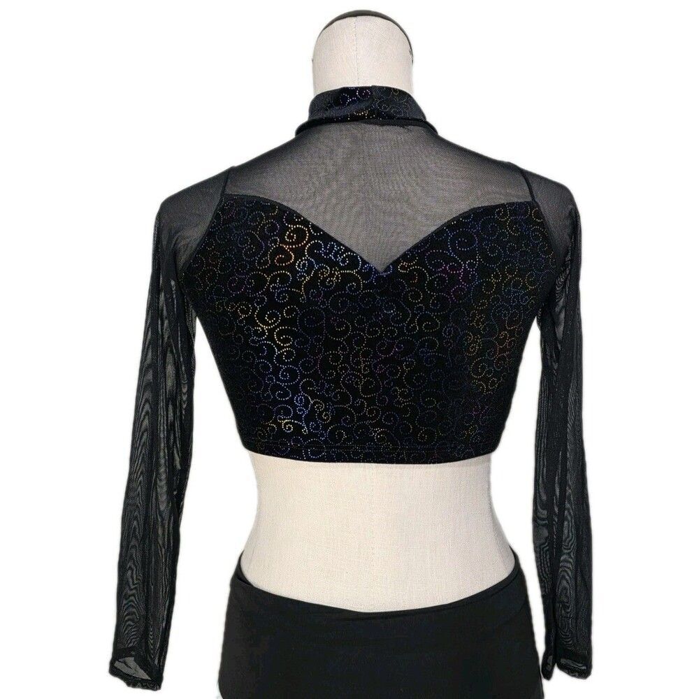 Body Wrappers VTG Mesh Velvet LS Mock Neck Dance Midriff Rainbow Bling Top AM, M - Picture 5 of 16